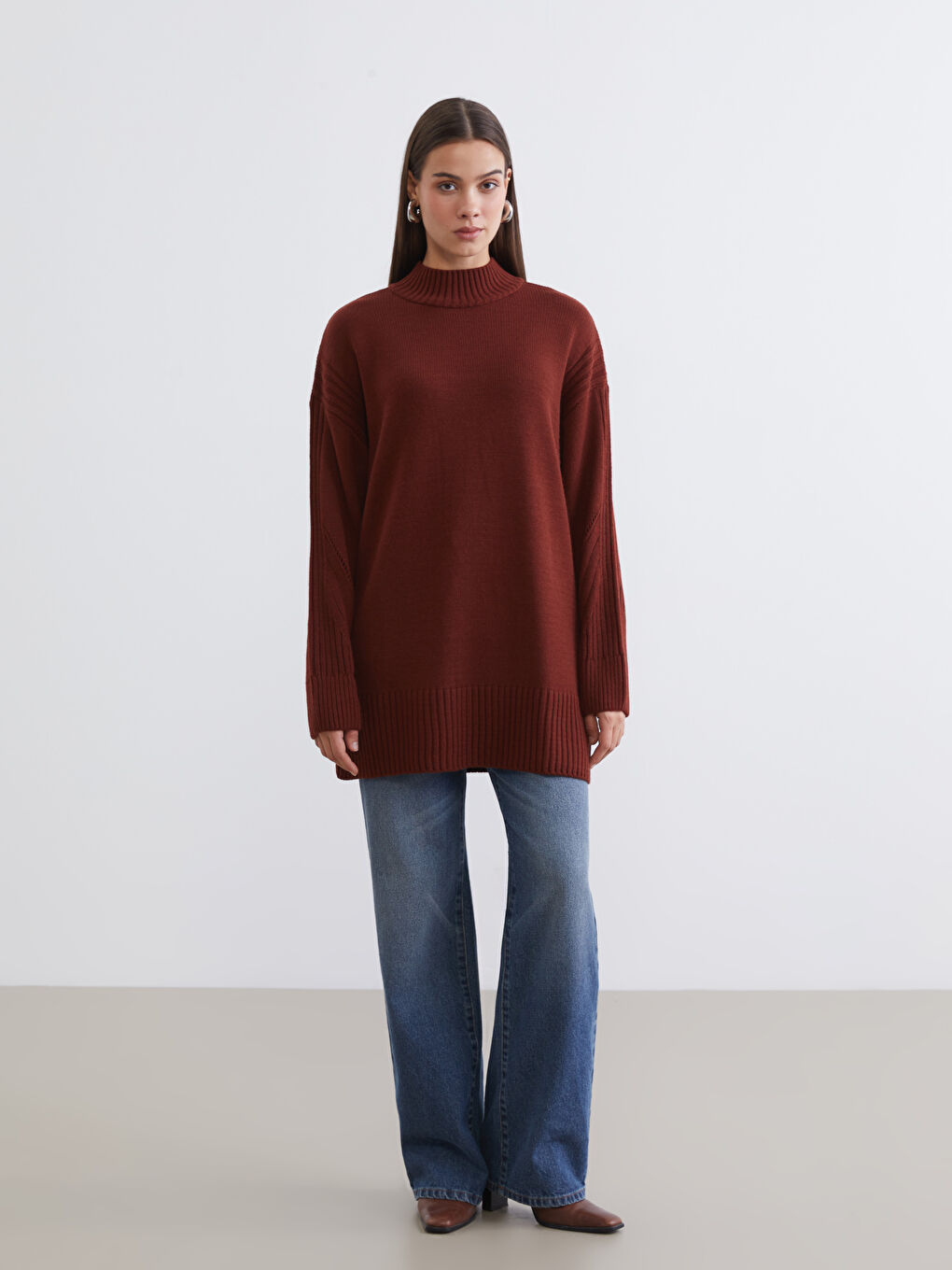 Kahverengi Yarım Balıkçı Yaka Kadın Triko Tunik-1