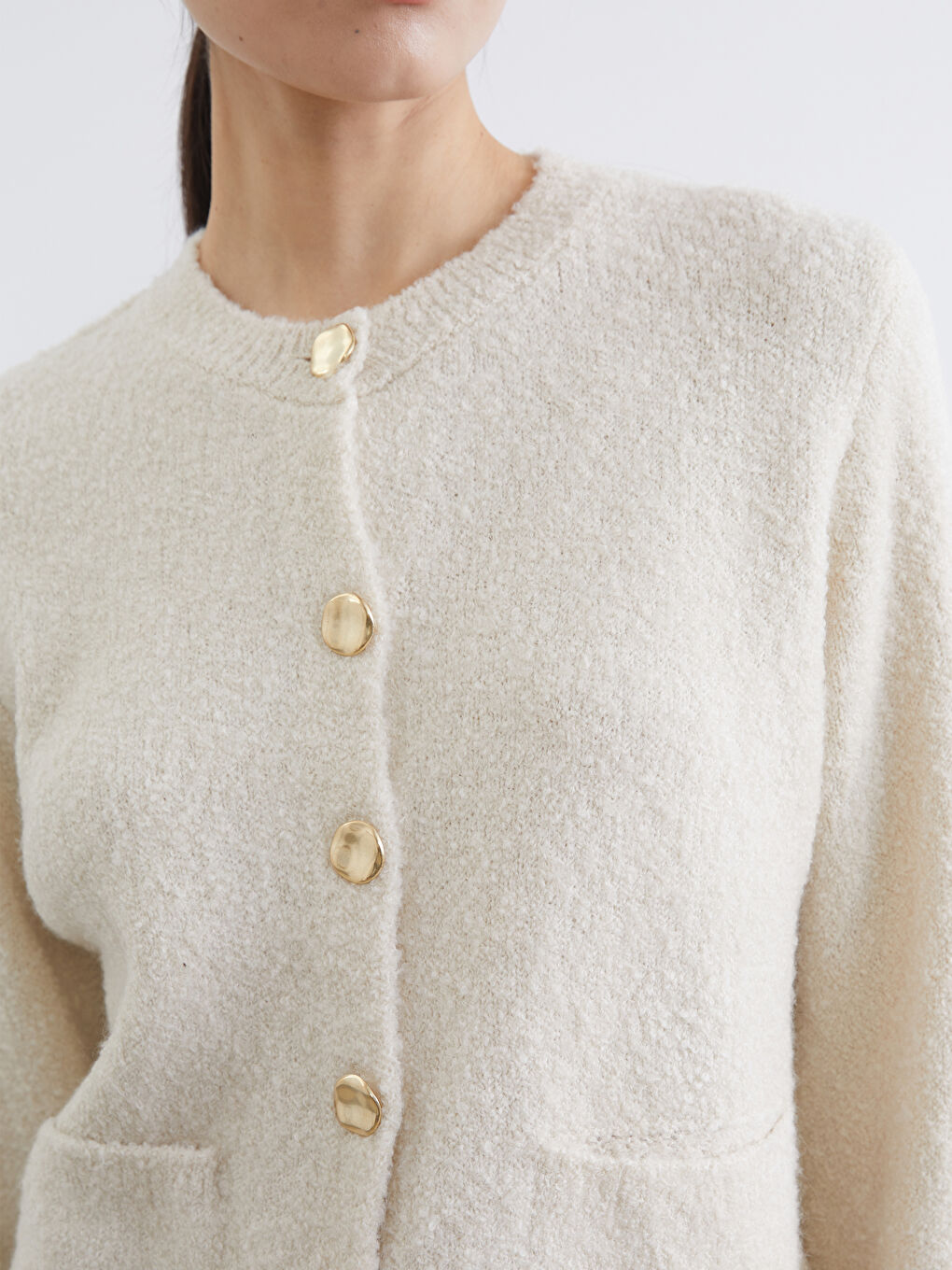 Ekru Bisiklet Yaka Kadın Triko Hırka-2