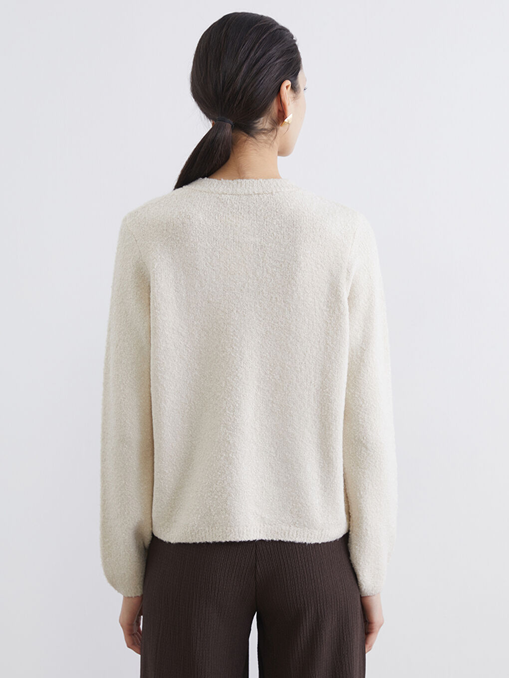 Ekru Bisiklet Yaka Kadın Triko Hırka-3