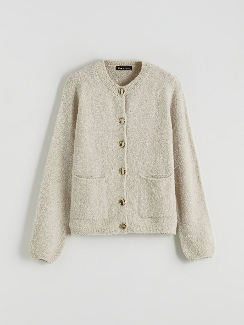 Ekru Bisiklet Yaka Kadın Triko Hırka-4