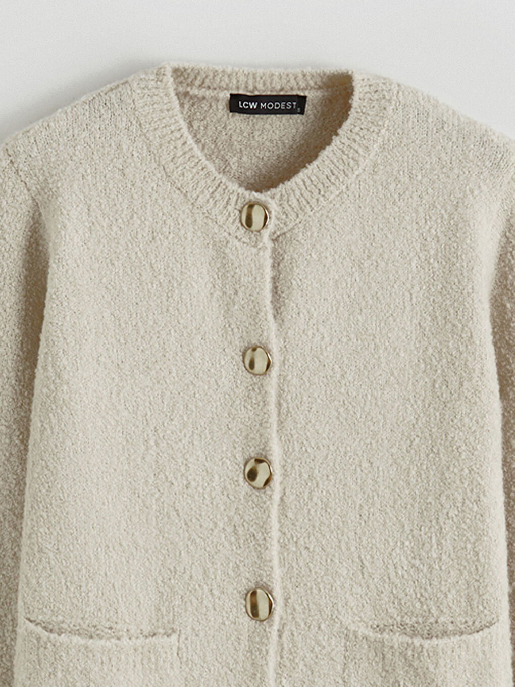 Ekru Bisiklet Yaka Kadın Triko Hırka-5