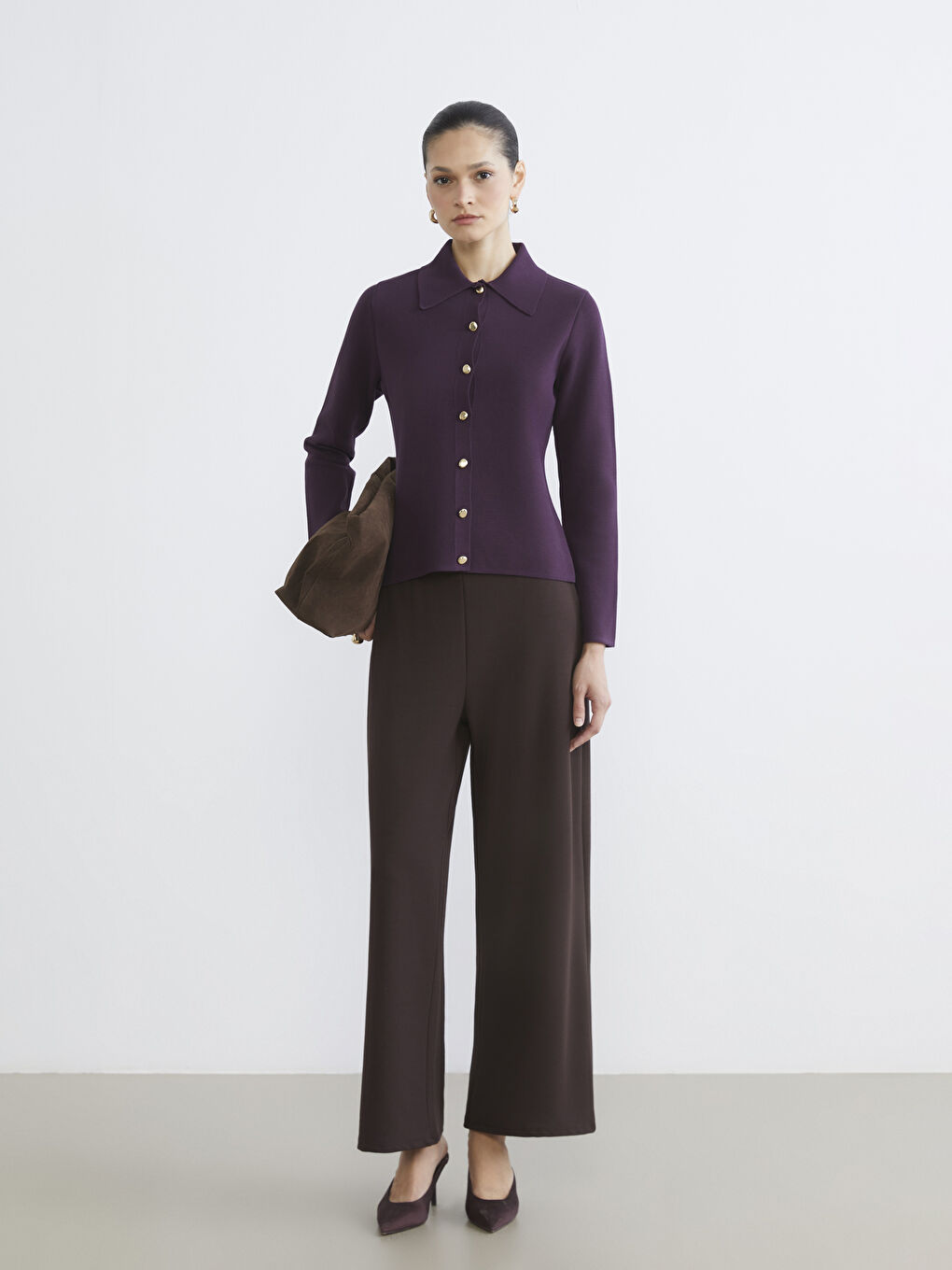 Mor Gömlek Yaka Kadın Triko Hırka-1