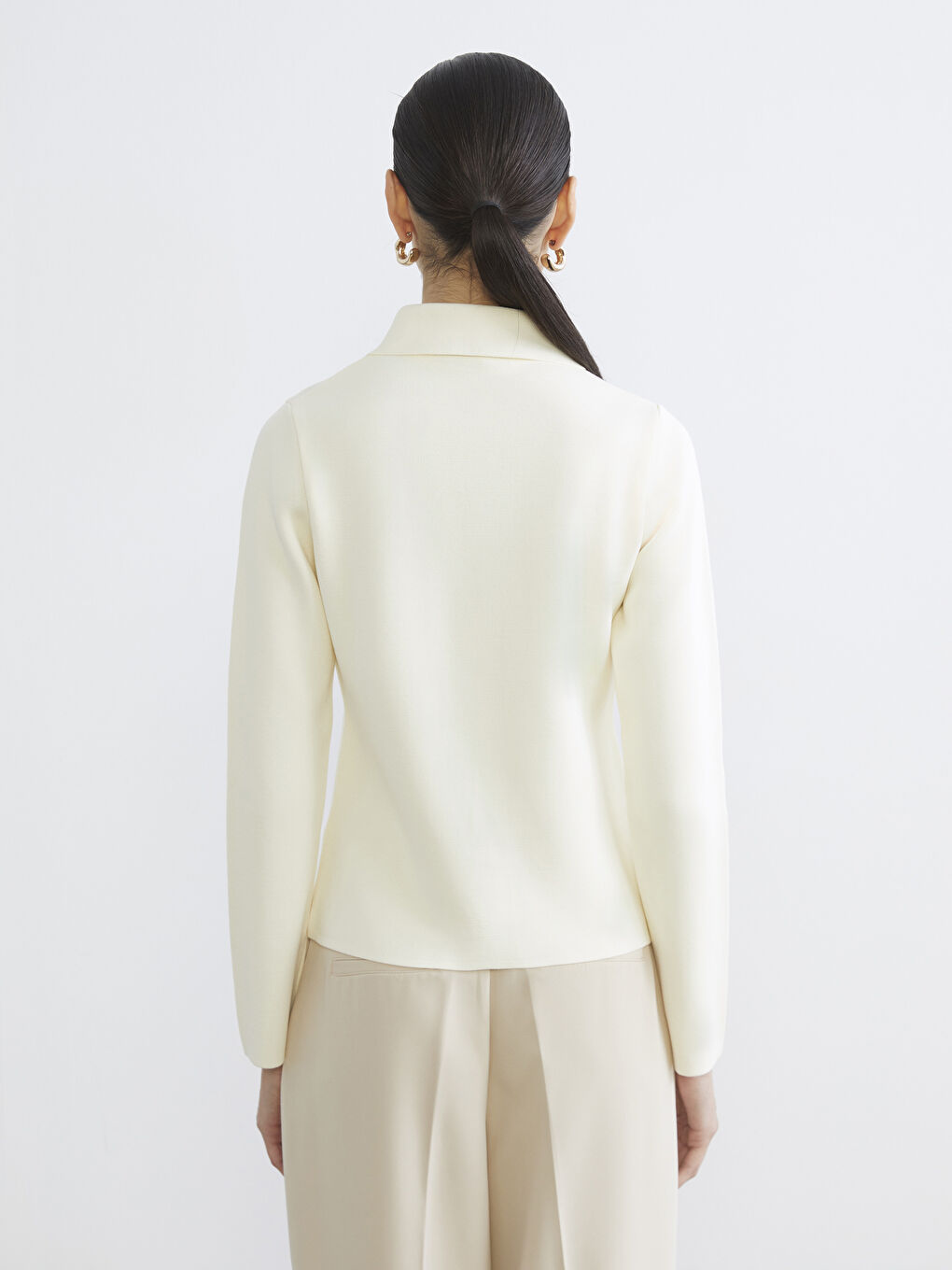 Ekru Gömlek Yaka Kadın Triko Hırka-3