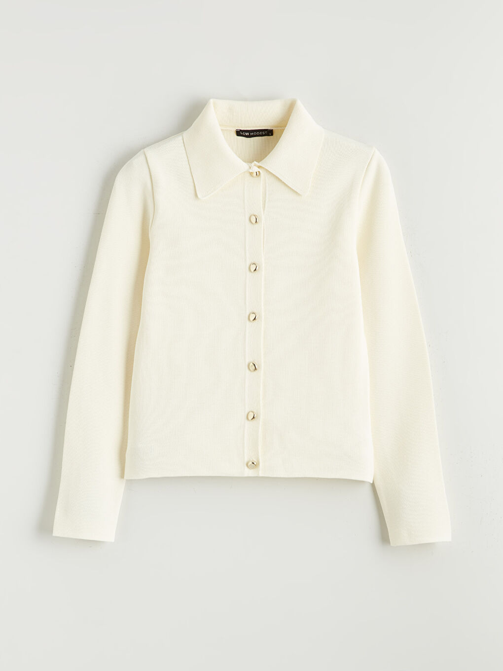 Ekru Gömlek Yaka Kadın Triko Hırka-4