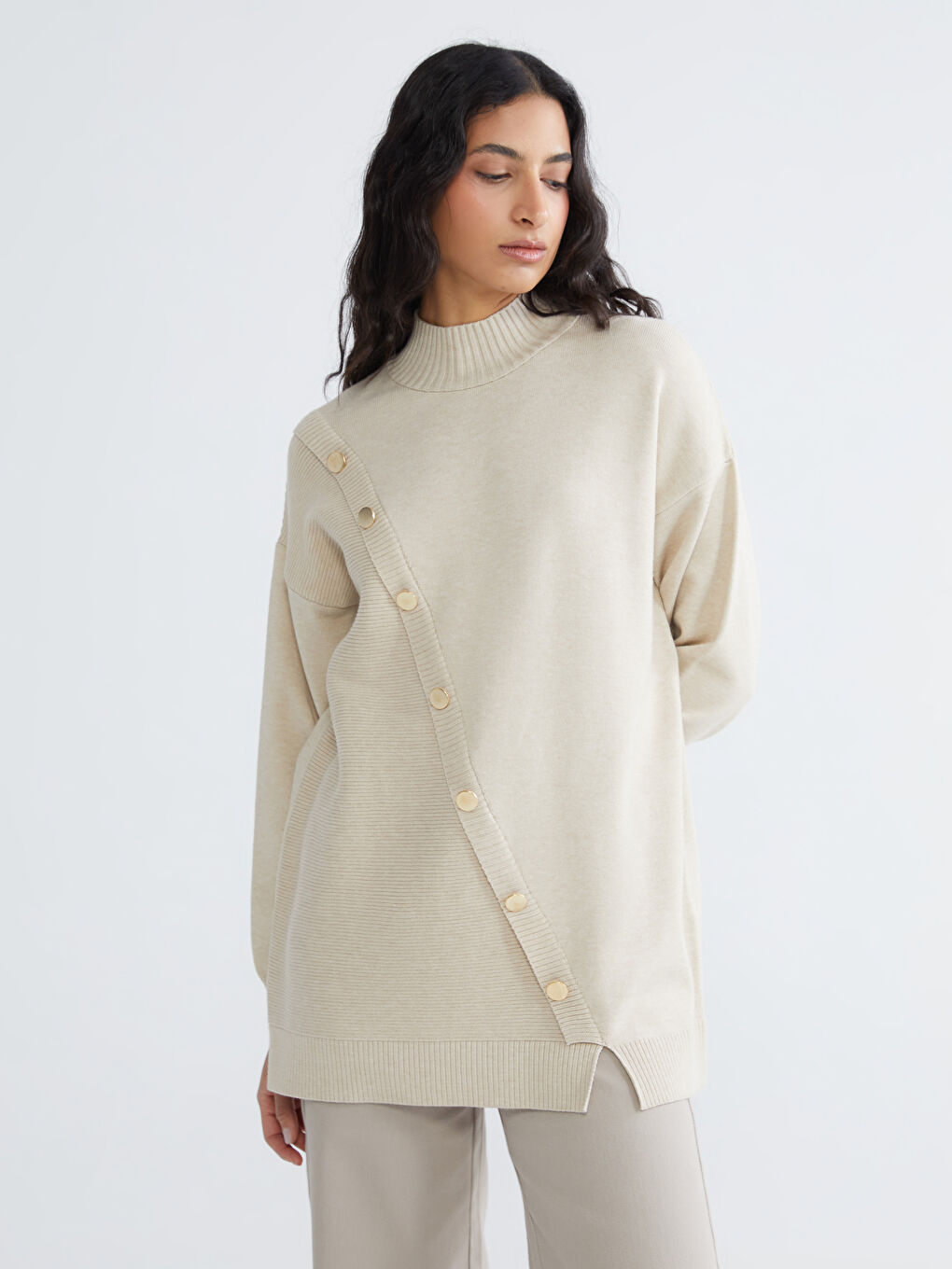 Bej Yarım Balıkçı Yaka Kadın Triko Kazak