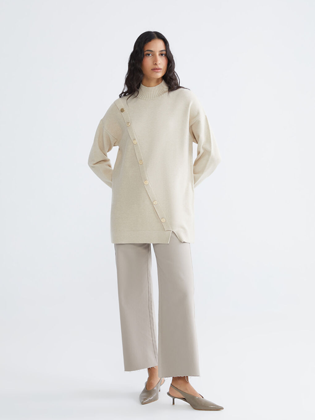 Bej Yarım Balıkçı Yaka Kadın Triko Kazak-1