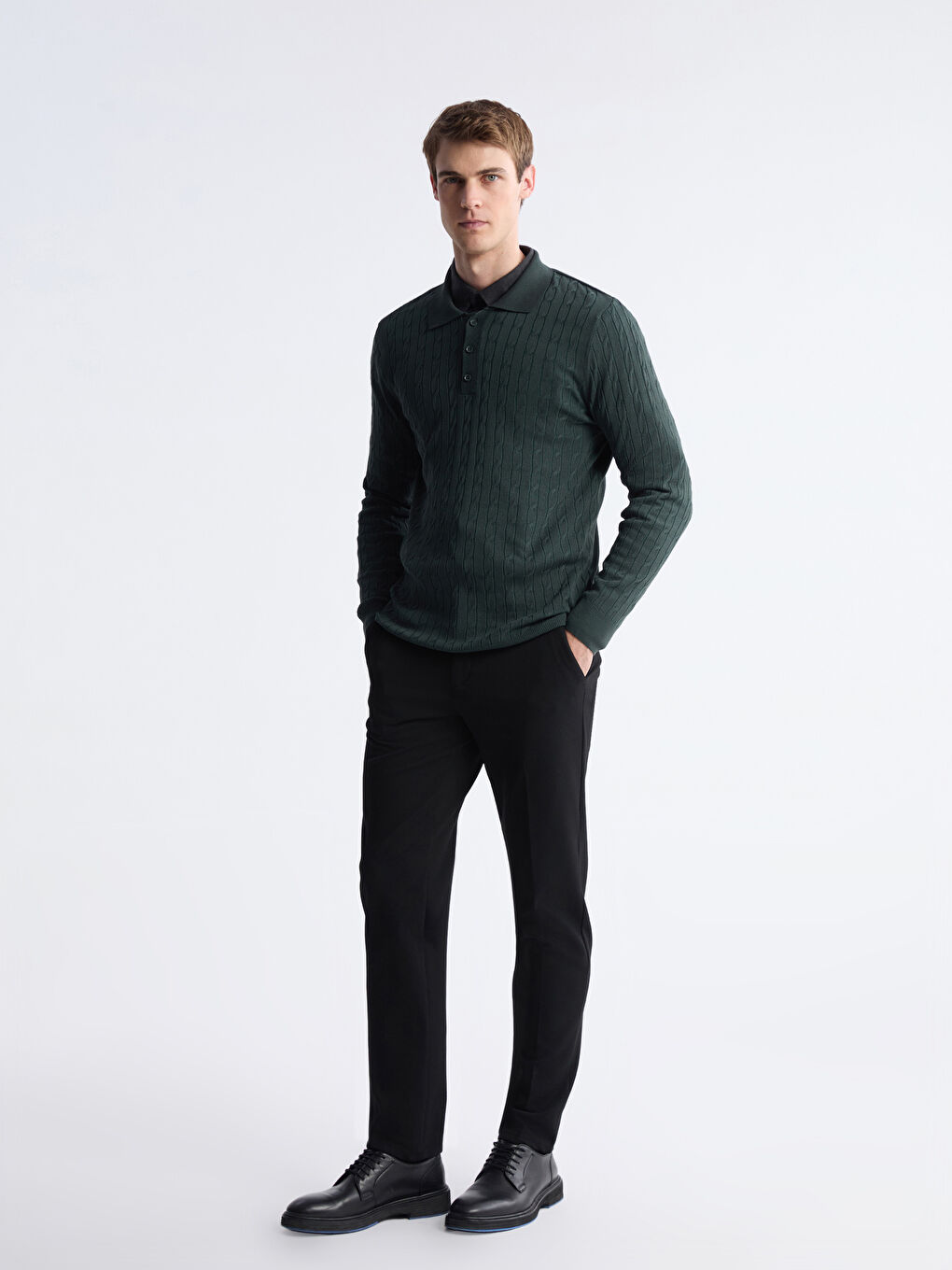 Yeşil Polo Yaka Erkek Triko Kazak-1