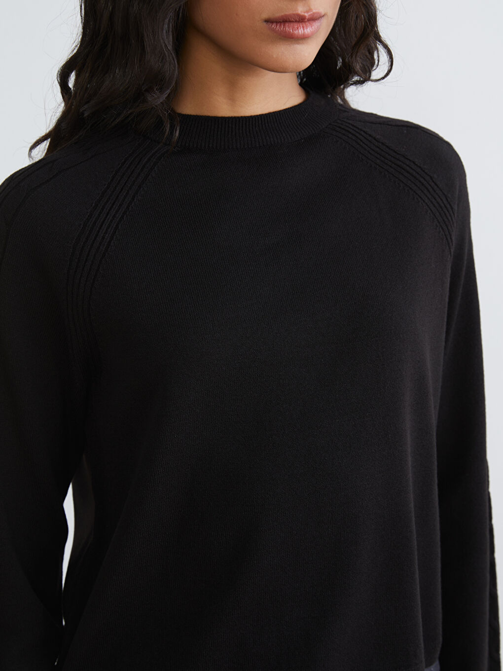 Siyah Bisiklet Yaka Kendinden Desenli Kadın Triko Kazak-5