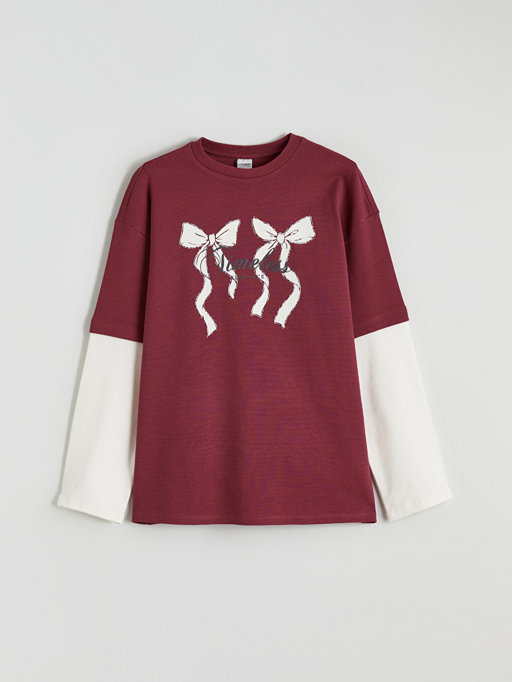 Crew Neck Bow Printed Girls' T-Shirt