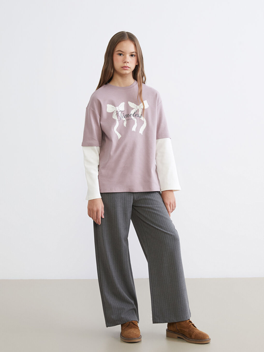 Lila Bisiklet Yaka Fiyonk Baskılı Kız Çocuk Tişört-1