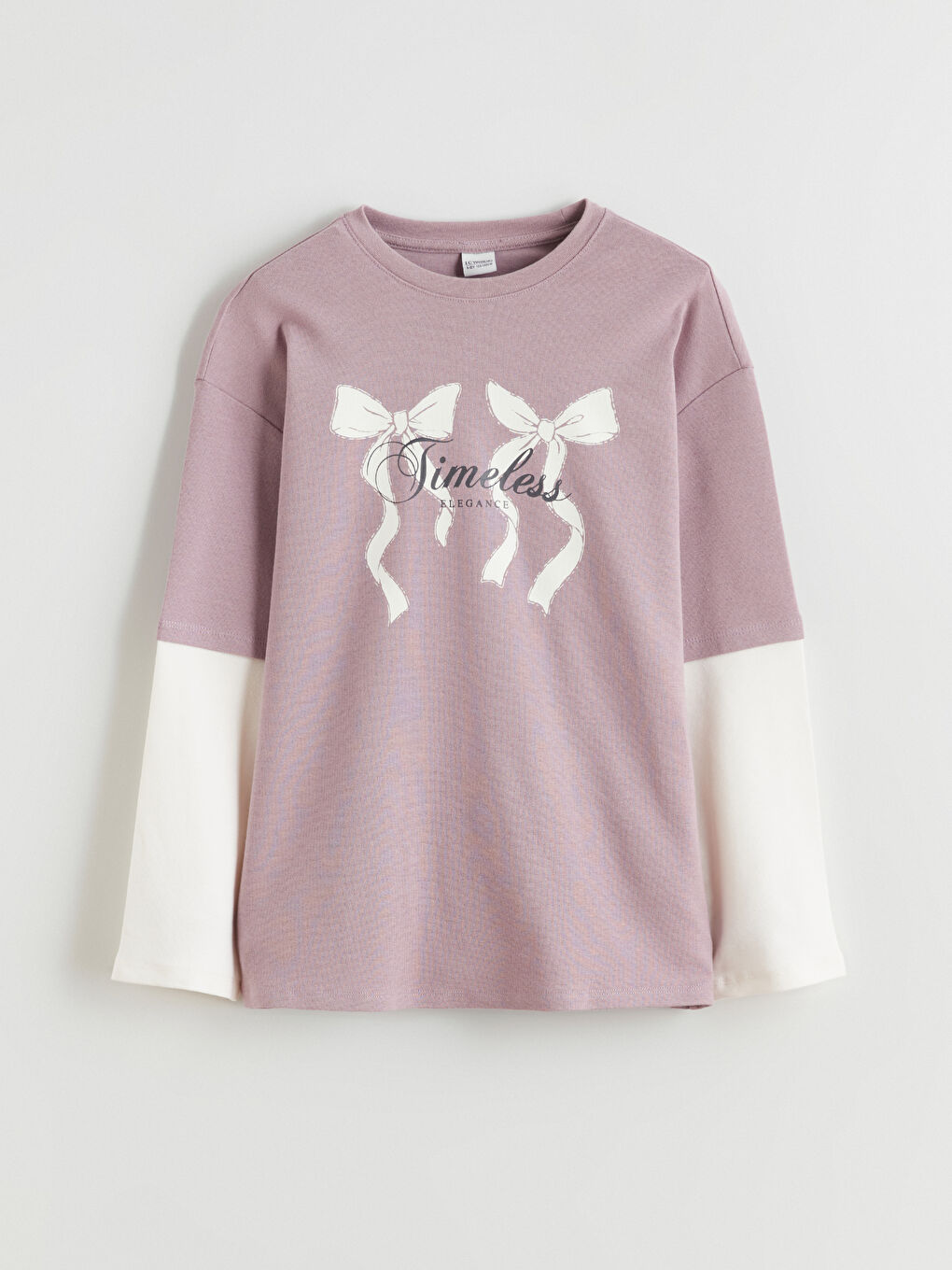Lila Bisiklet Yaka Fiyonk Baskılı Kız Çocuk Tişört-2