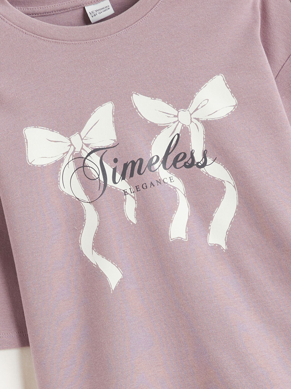 Lila Bisiklet Yaka Fiyonk Baskılı Kız Çocuk Tişört-3