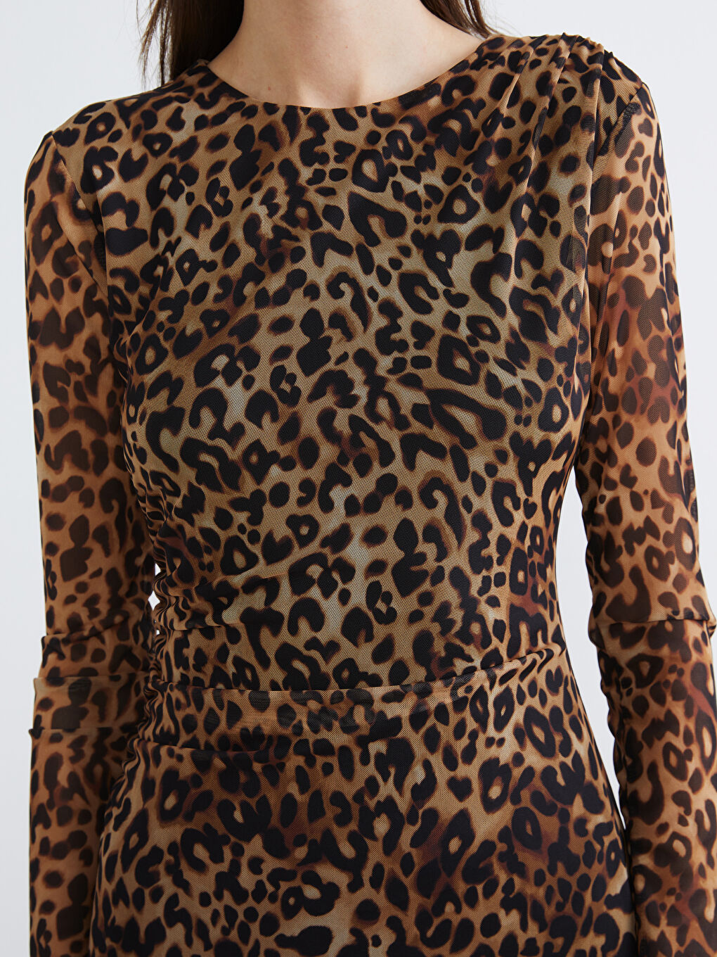 Karışık Leopar Desenli BüzgülüTül Mini Elbise-2