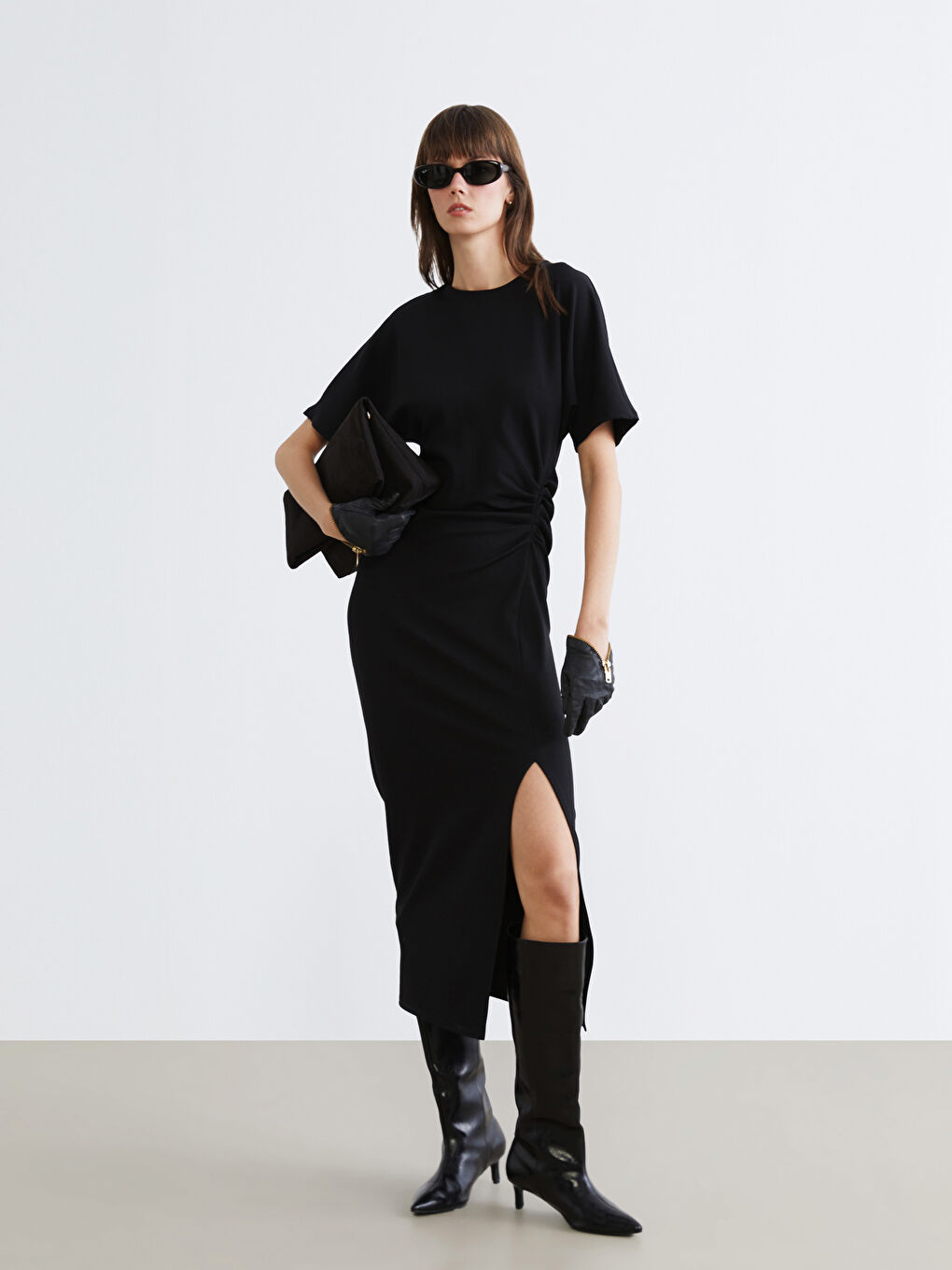 Siyah Bisiklet Yaka Büzgülü Krep Elbise-1