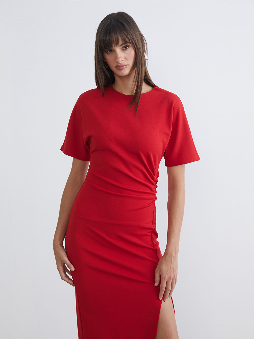 Kırmızı Bisiklet Yaka Büzgülü Krep Elbise-1