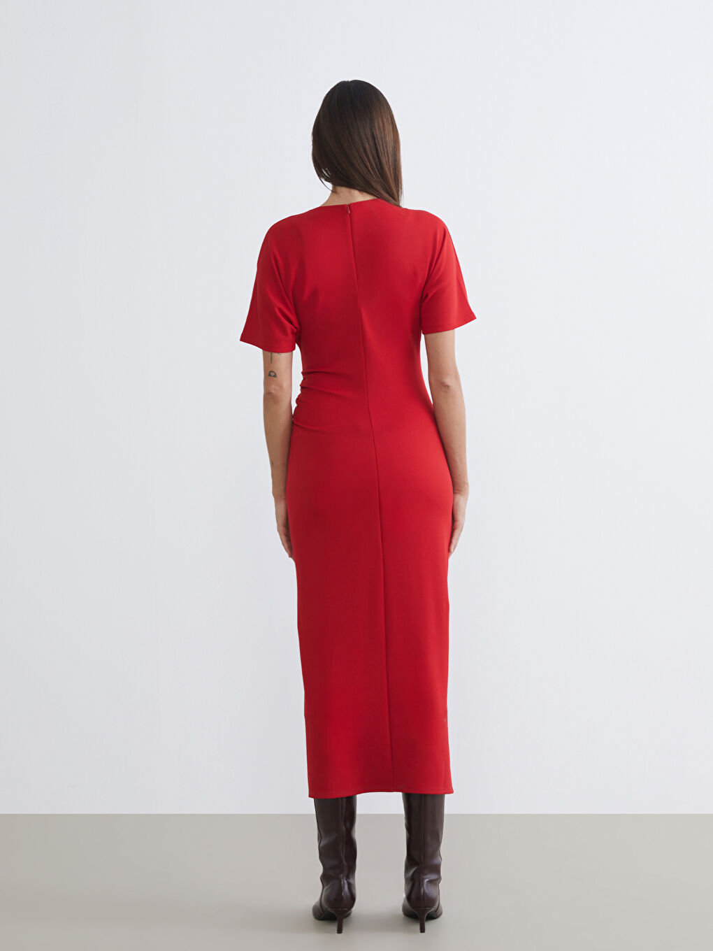 Kırmızı Bisiklet Yaka Büzgülü Krep Elbise-3