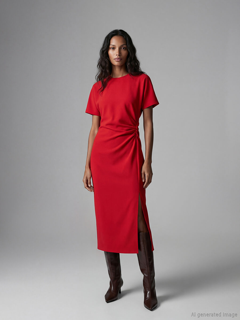 Kırmızı Bisiklet Yaka Büzgülü Krep Elbise