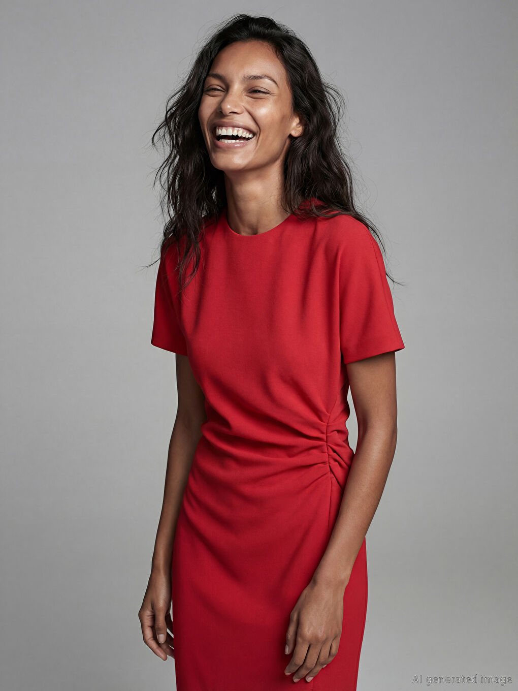 Kırmızı Bisiklet Yaka Büzgülü Krep Elbise-1