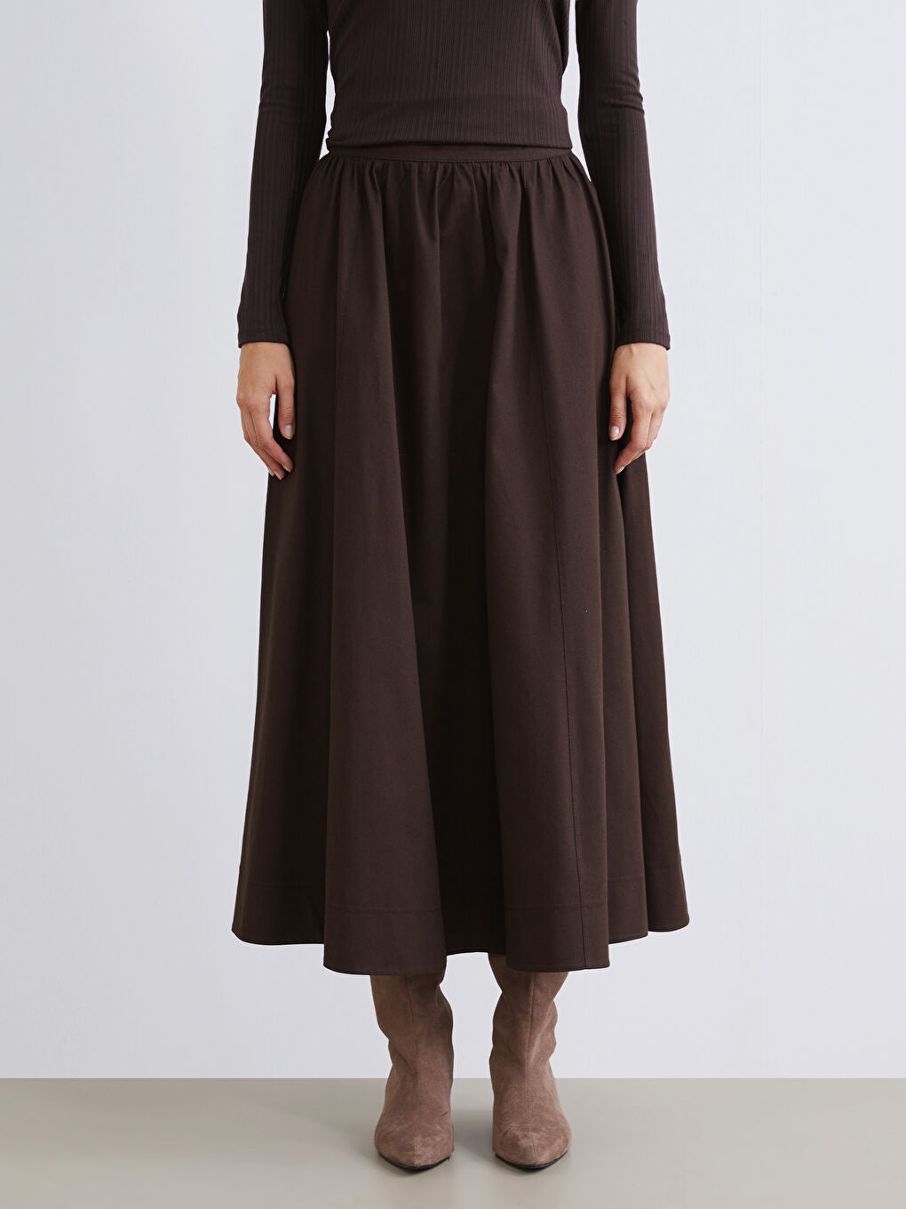 Bej Beli Fermuarlı Kloş Etek-1