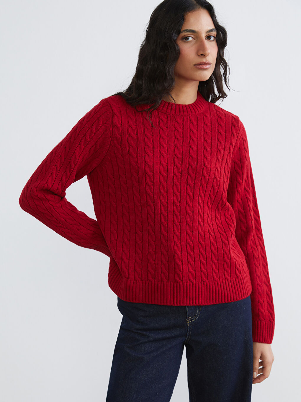 Kırmızı Bisiklet Yaka Kendinden Desenli Kadın Triko Kazak