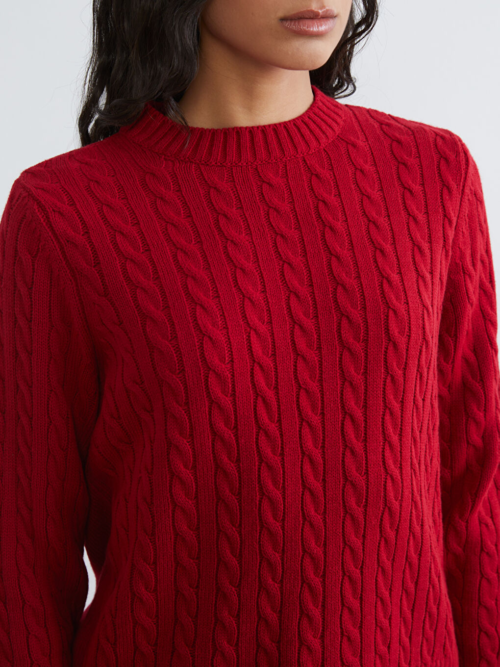 Kırmızı Bisiklet Yaka Kendinden Desenli Kadın Triko Kazak-2