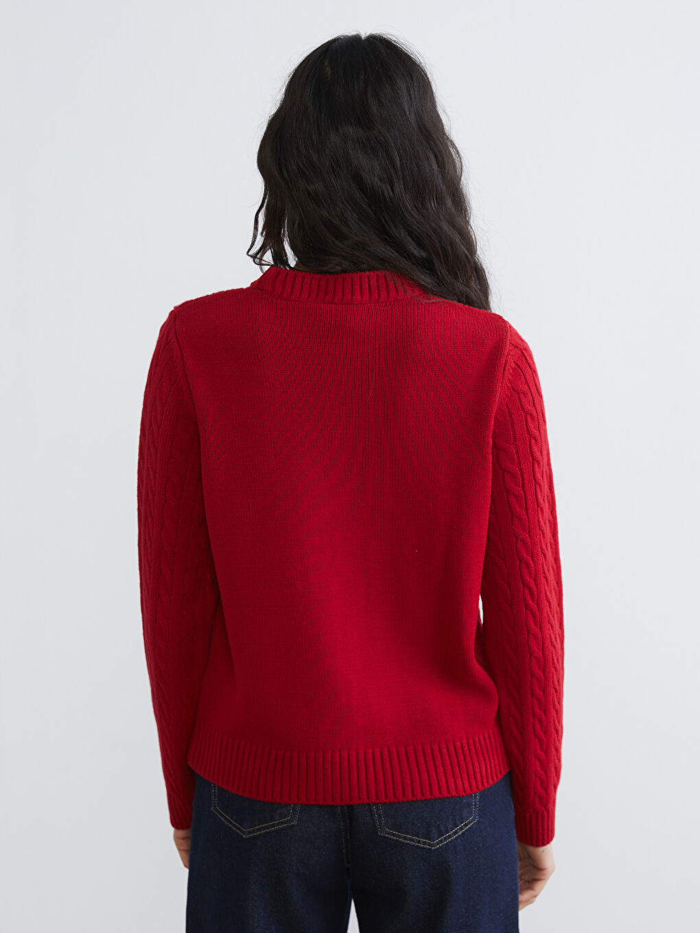 Kırmızı Bisiklet Yaka Kendinden Desenli Kadın Triko Kazak-3