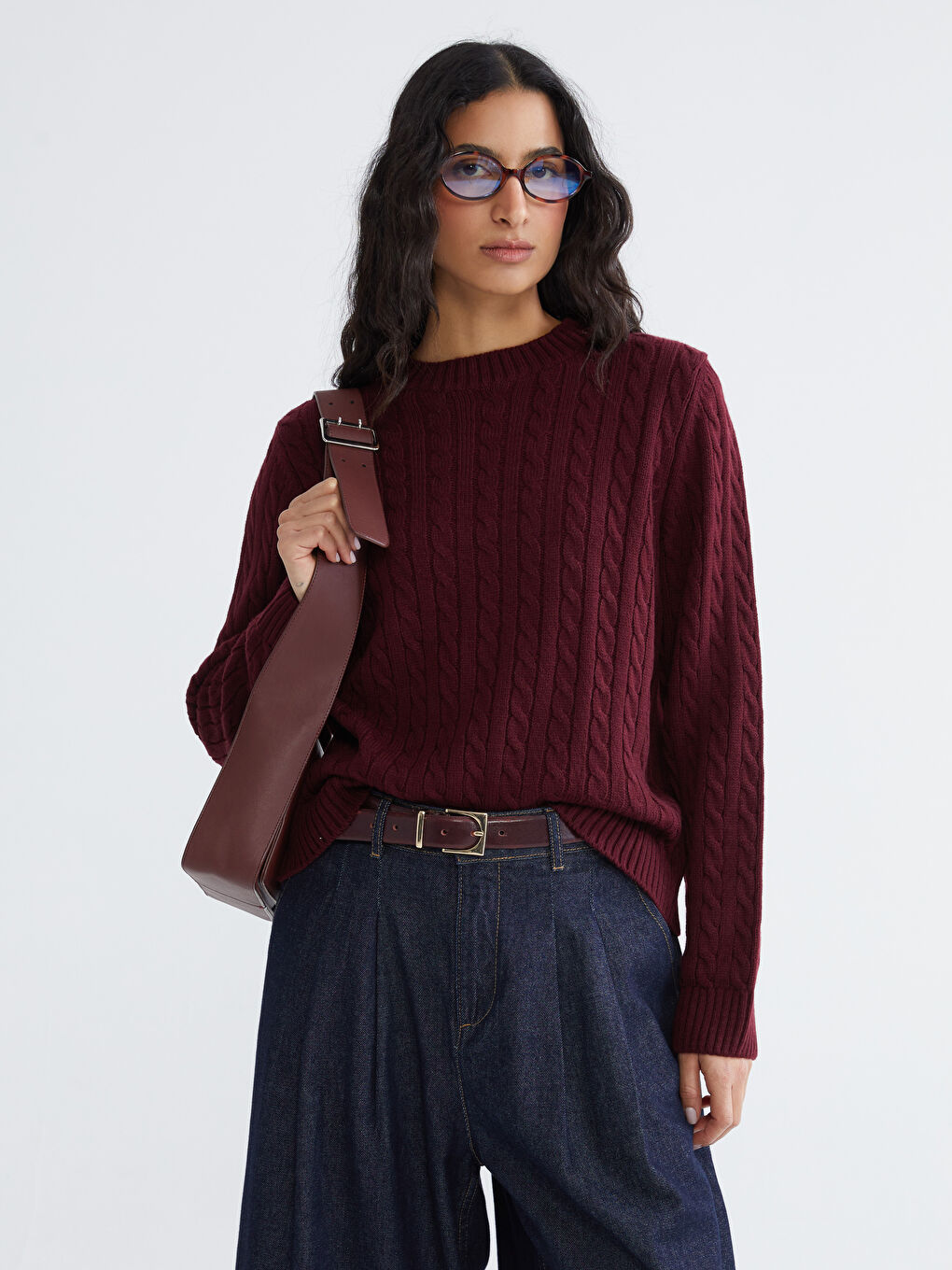 Crew Neck Self-Patterned Women's Knitwear Sweater-1