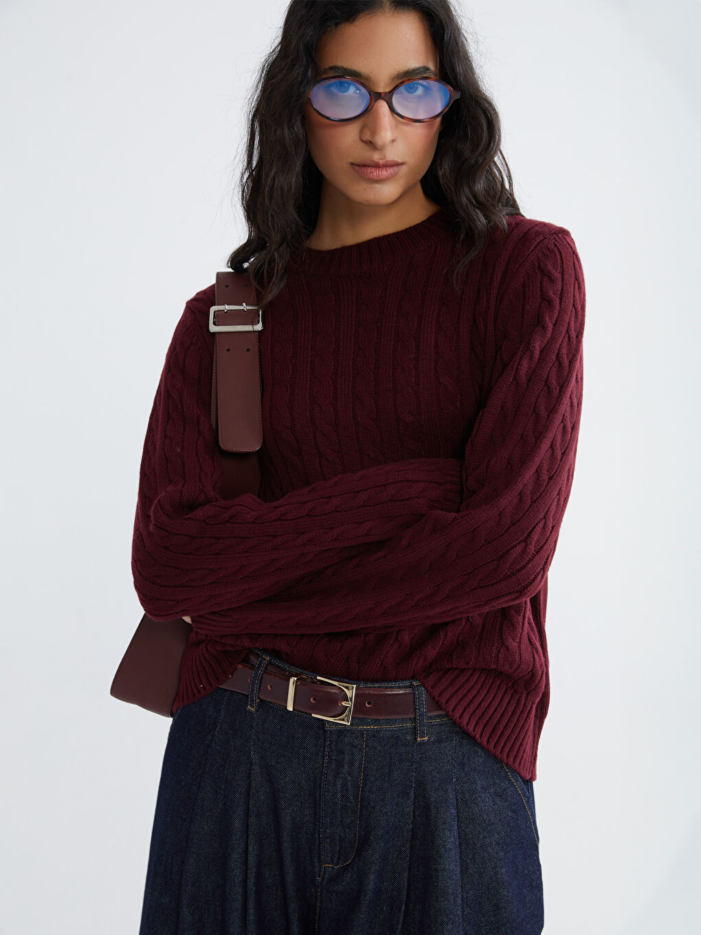 Crew Neck Self-Patterned Women's Knitwear Sweater-3