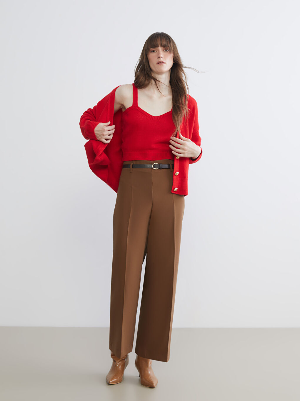 Belted Wide Leg Women's Pleated Trousers