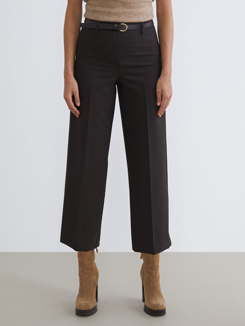 Belted Wide Leg Women's Pleated Trousers-1