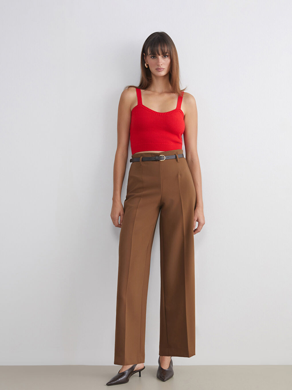 Belted Wide Leg Women's Pleated Trousers-1