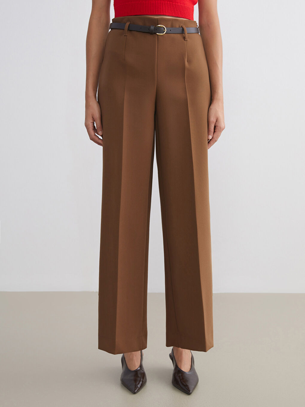 Belted Wide Leg Women's Pleated Trousers-2