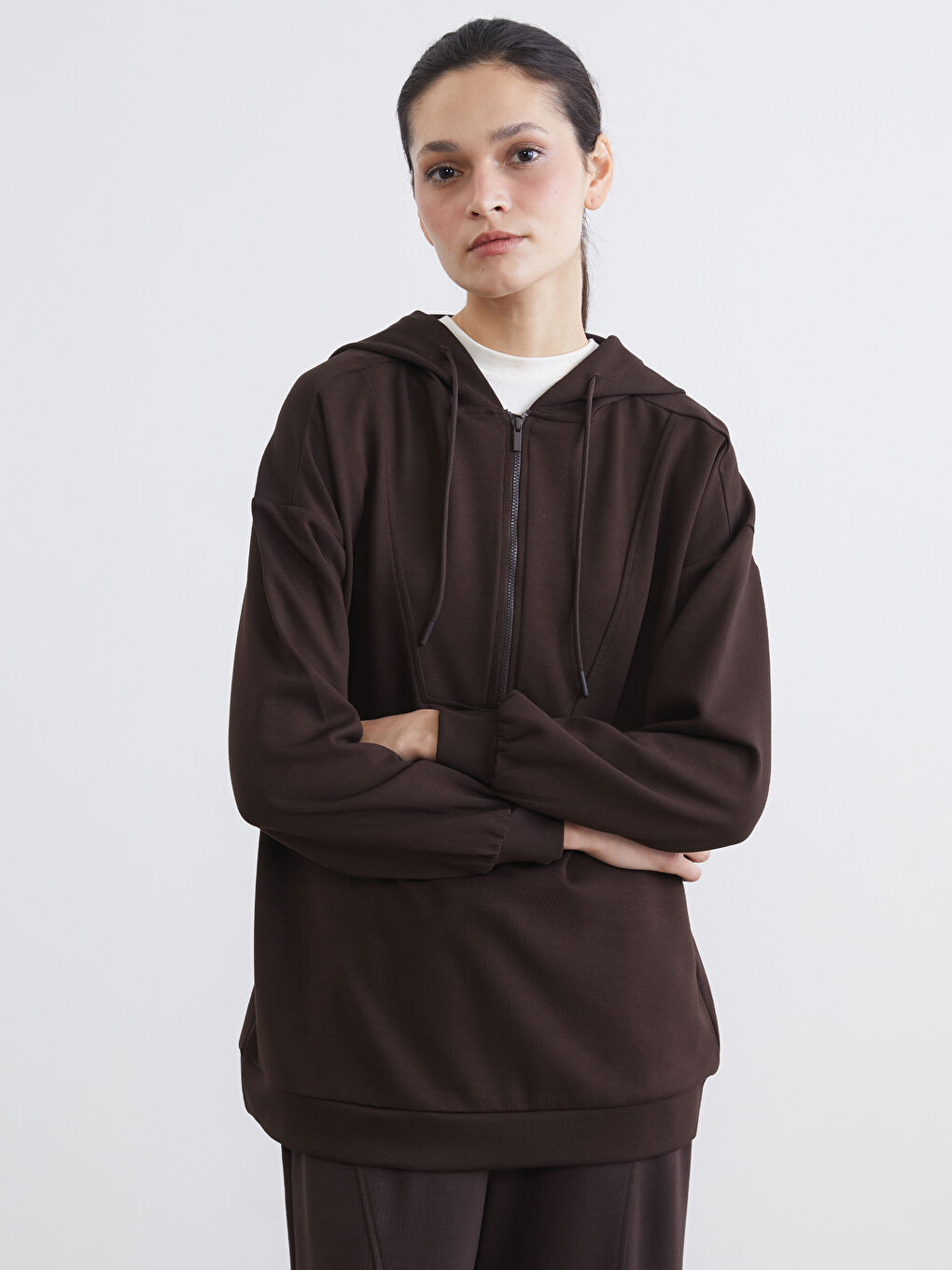 Kahverengi Kapüşonlu Oversize Kadın Sweatshirt Tunik