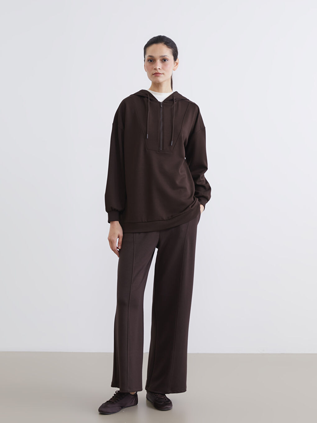 Kahverengi Kapüşonlu Oversize Kadın Sweatshirt Tunik-1