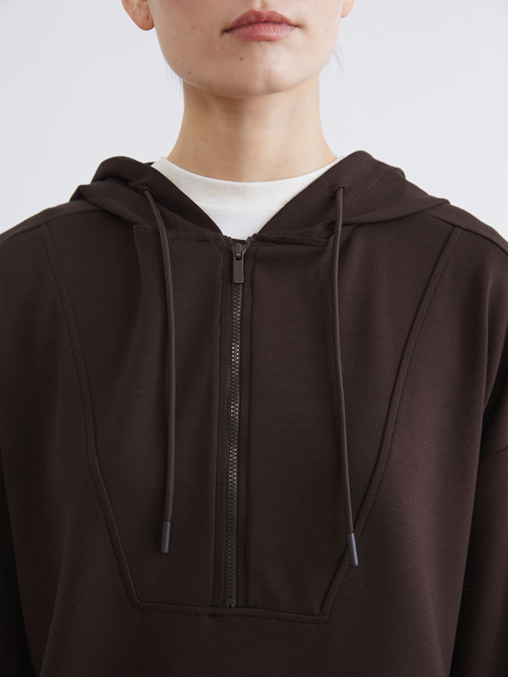 Kahverengi Kapüşonlu Oversize Kadın Sweatshirt Tunik-2