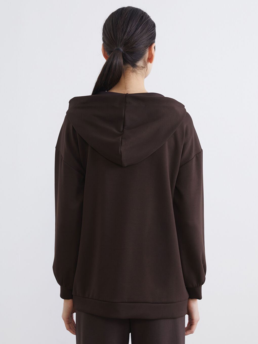 Kahverengi Kapüşonlu Oversize Kadın Sweatshirt Tunik-3