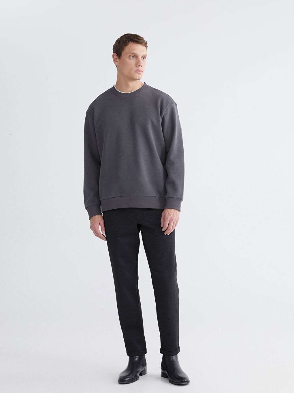 Antrasit Bisiklet Yaka Erkek Kalın Sweatshirt-1