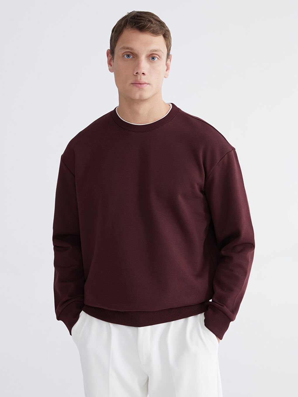 Bordo Bisiklet Yaka Erkek Kalın Sweatshirt