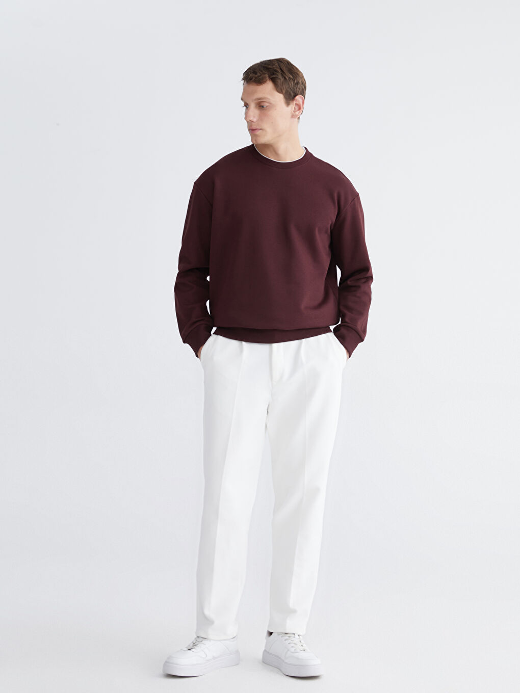 Bordo Bisiklet Yaka Erkek Kalın Sweatshirt-1