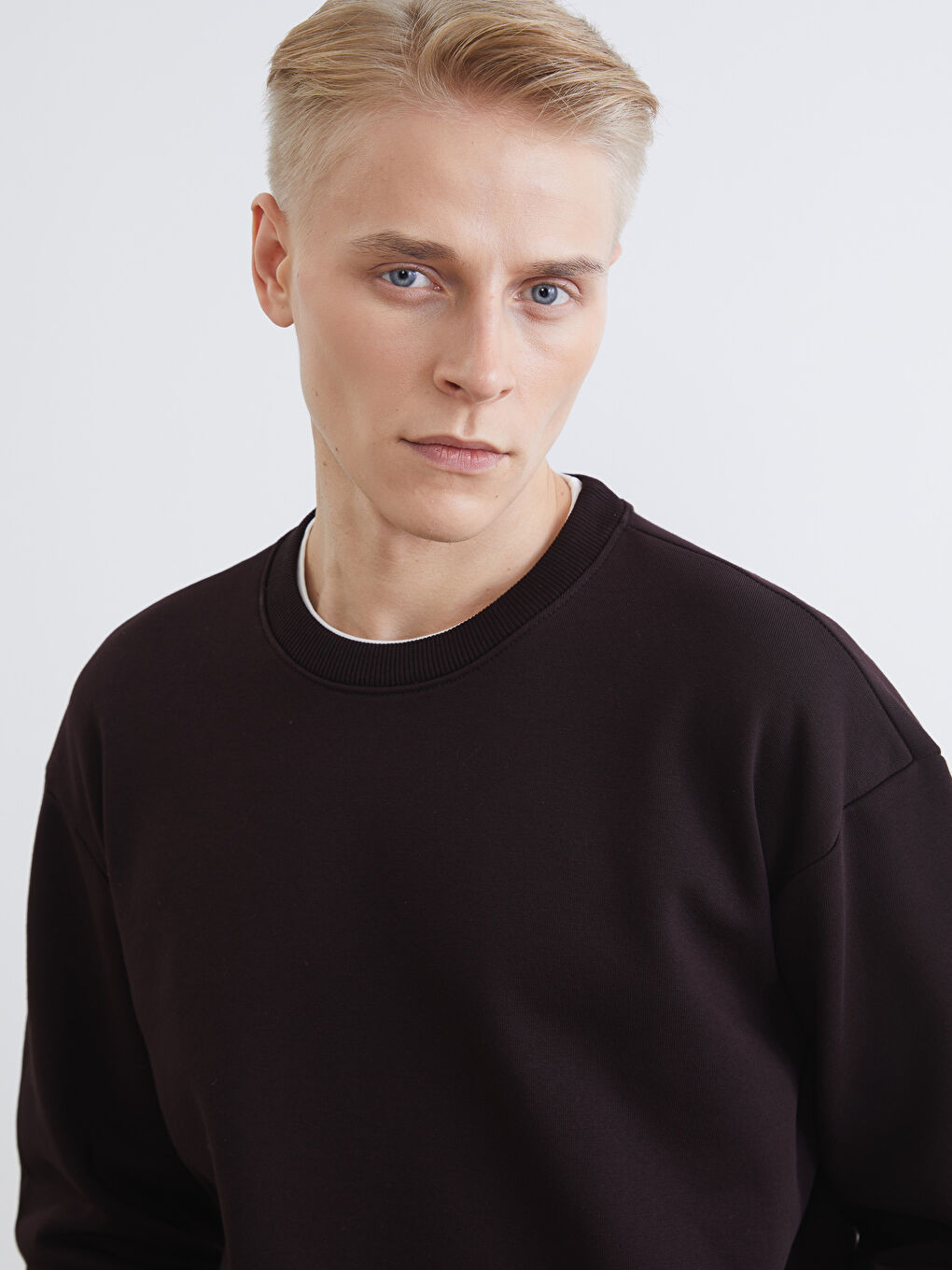 Kahverengi Bisiklet Yaka Erkek Kalın Sweatshirt