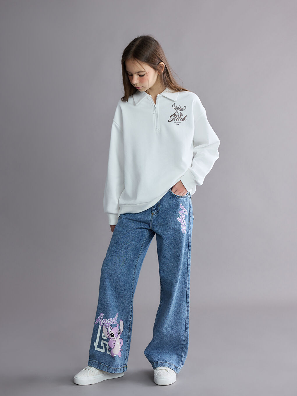 Mavi Wideleg Angel Baskılı Kız Çocuk Jean Pantolon