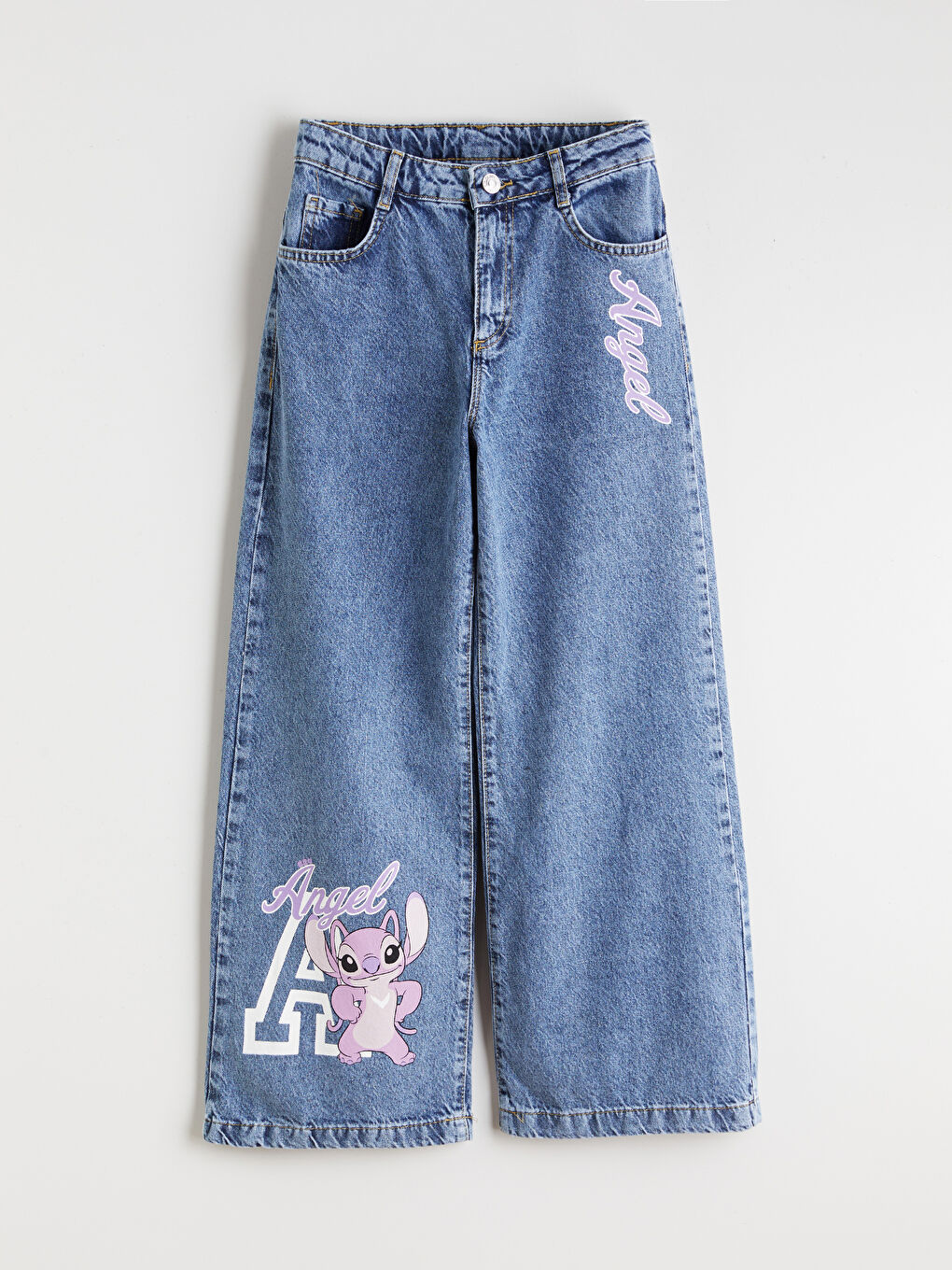 Mavi Wideleg Angel Baskılı Kız Çocuk Jean Pantolon-1