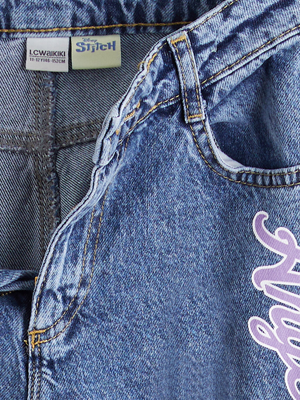 Mavi Wideleg Angel Baskılı Kız Çocuk Jean Pantolon-2