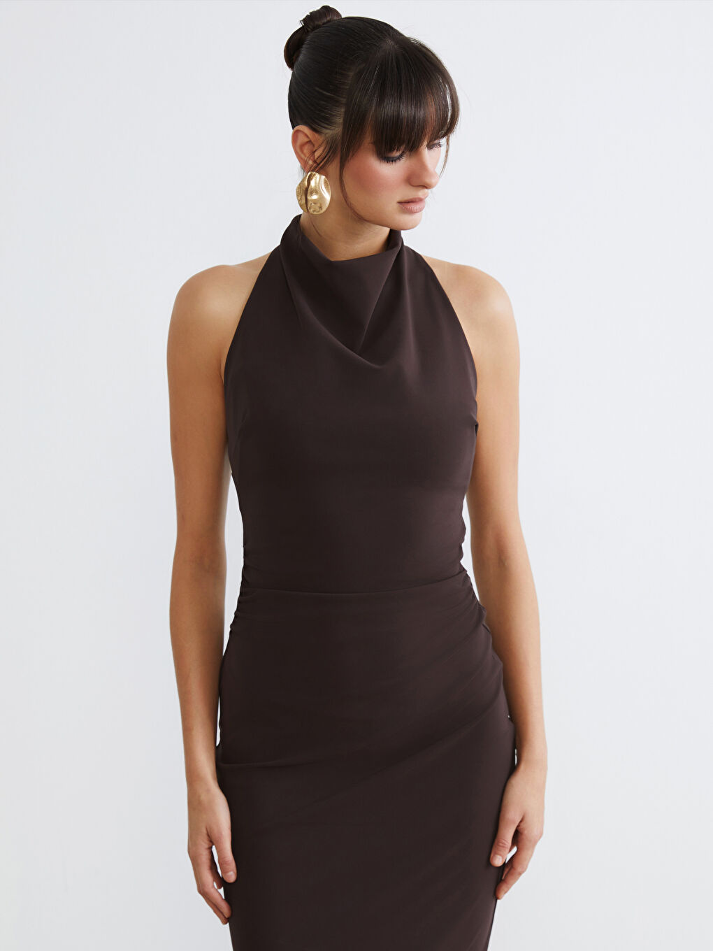 Draped Collar Gathered Crepe Dress-3