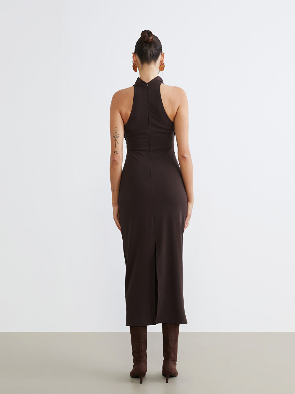 Draped Collar Gathered Crepe Dress-7