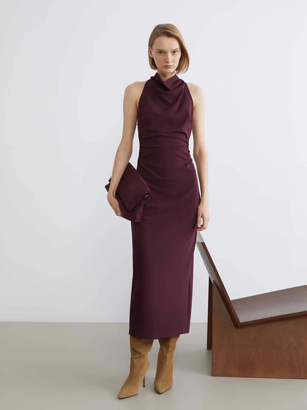 Draped Collar Gathered Crepe Dress