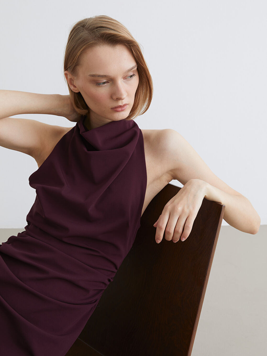 Draped Collar Gathered Crepe Dress-1