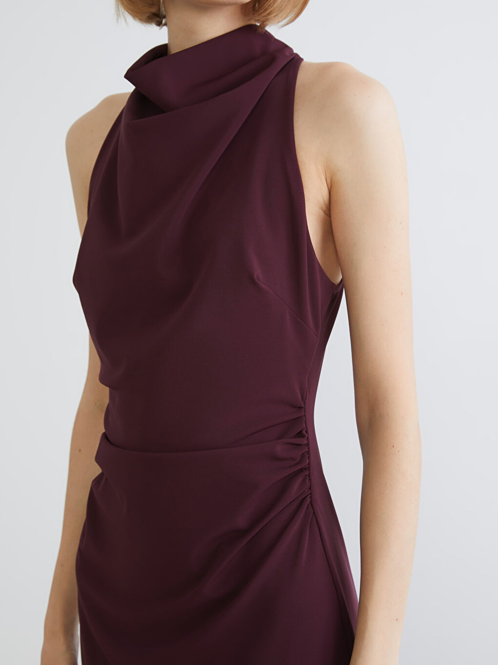 Draped Collar Gathered Crepe Dress-2