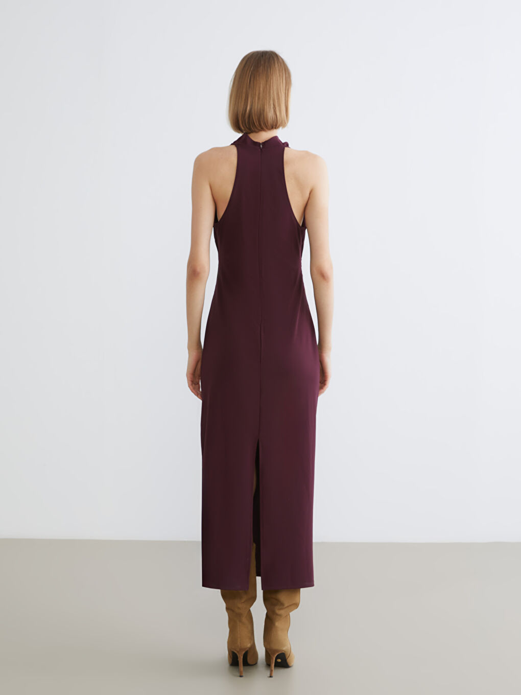 Draped Collar Gathered Crepe Dress-3