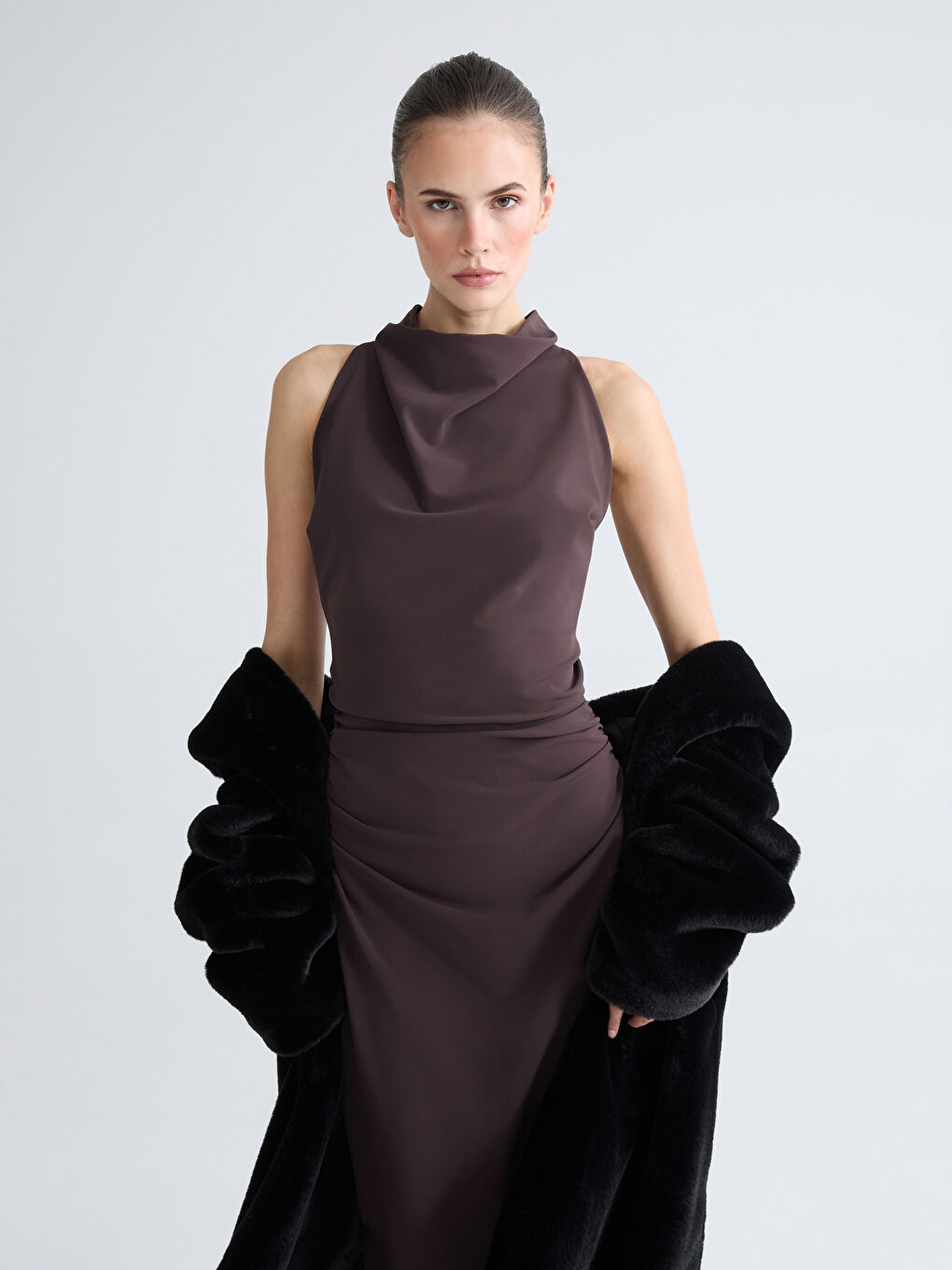 Draped Collar Gathered Crepe Dress-2